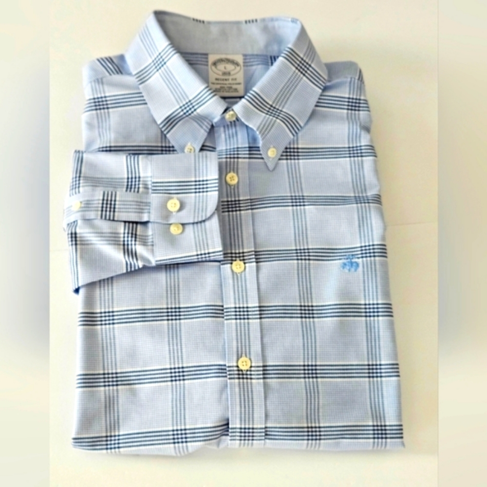 Brooks Brothers Mens Large Regent Fit Blue/White Plaid Button-Down Long …